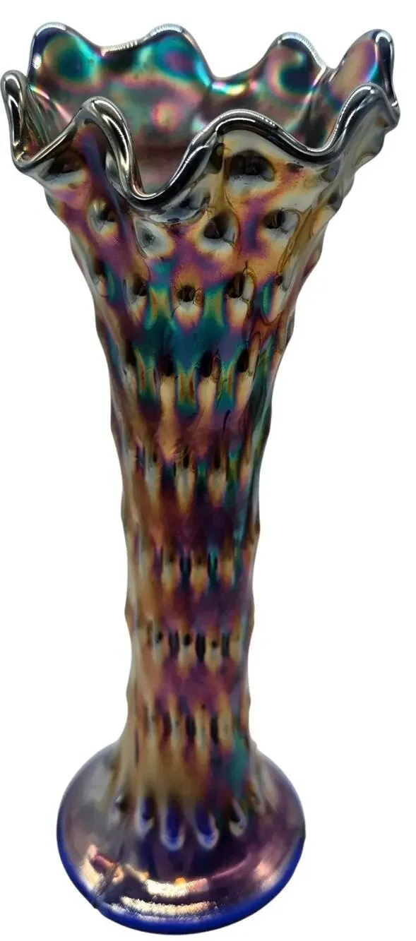 FENTON BLUE RUSTIC HOBNAIL CARNIVAL GLASS VASE 10